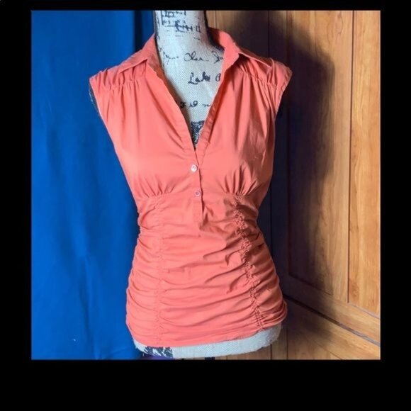 BCBG Maxazria S Blouse Orange Fitted Rouched - Picture 4 of 5